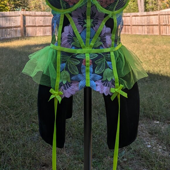 Sexy Neon Green Purple and Blue Floral Lingerie Size M - Picture 2 of 5
